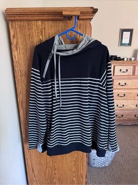Maurices Navy and Gray Striped Pullover Hoodie